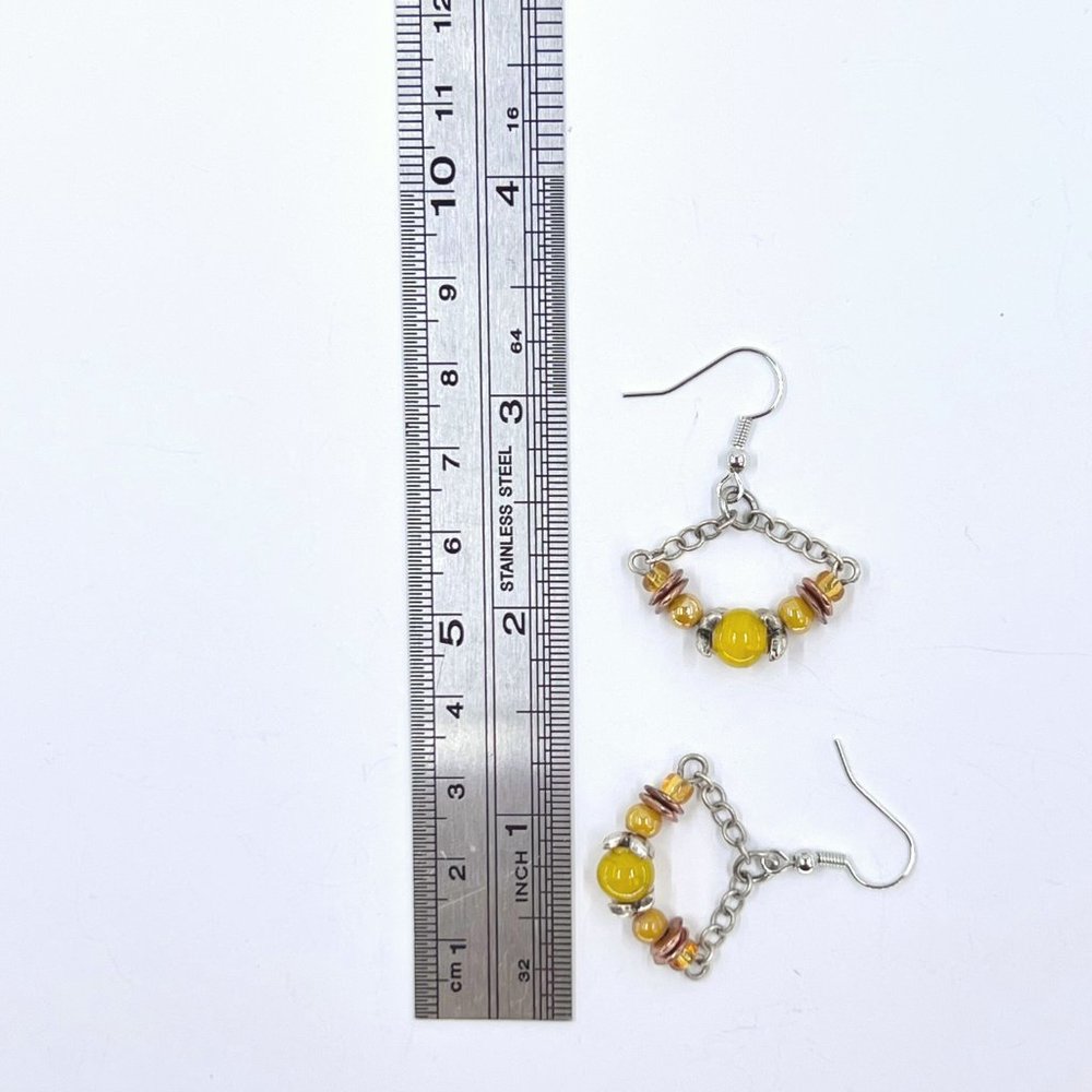 NWT – Chico’s – BOHO Yellow & Copper Beaded Silver Tone Dangle Fishhook Earrings - Picture 8 of 8